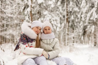Bir kış ormanda oynayan iki kız arkadaşım. 