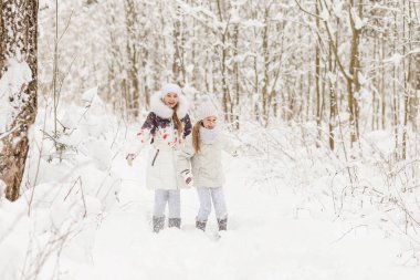 Bir kış ormanda oynayan iki kız arkadaşım. 