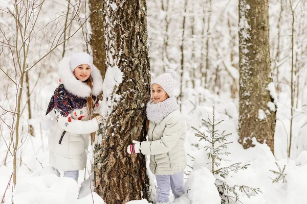 Дві подружки грають у зимовому лісі . — стокове фото