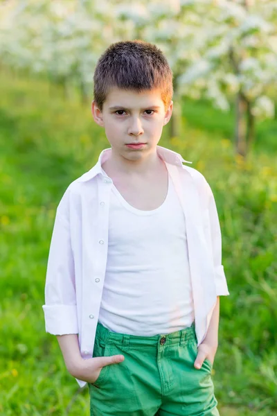 Prachtige kleine jongen in een bloeiende tuin in het voorjaar. — Stockfoto