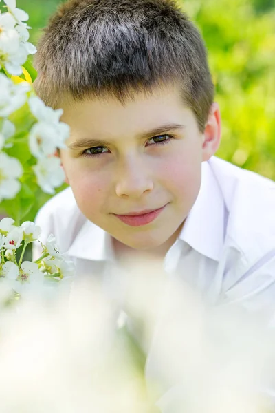 A tavasszal virágzó kert gyönyörű kisfiú. — Stock Fotó