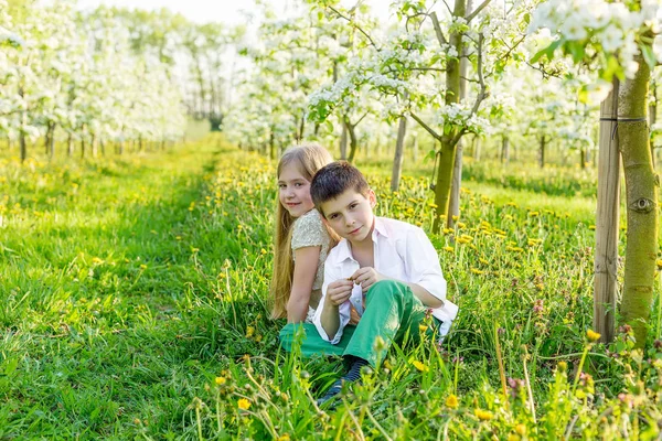 一个男孩和女孩都安放在一个盛开的花园在春天 — 图库照片