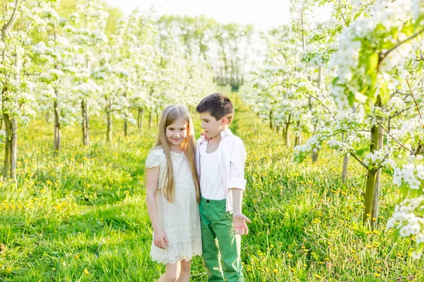 A boy and a girl are resting in a blooming garden in the spring — Stock Photo, Image