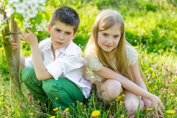 Een jongen en een meisje rusten in een bloeiende tuin in het voorjaar — Stockfoto