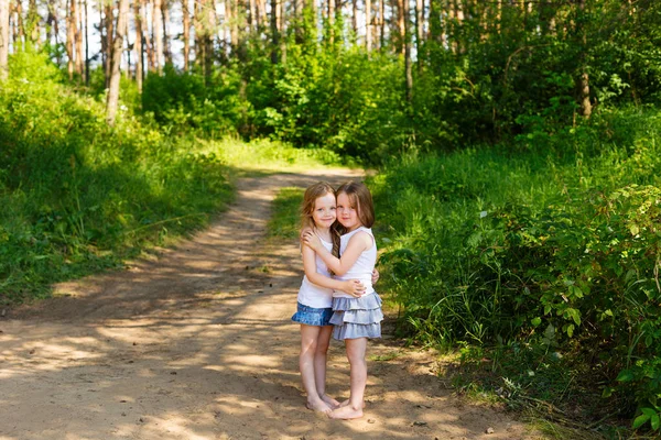 Two little girl girl friends hugging in the forest — Stock Photo, Image