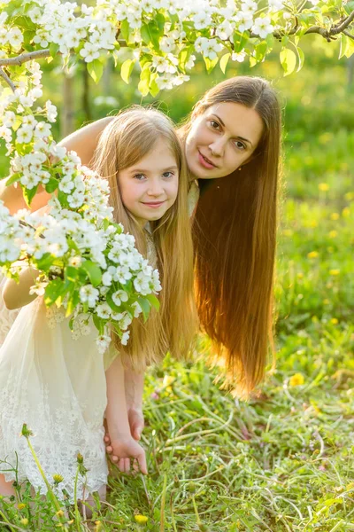 Bela mãe e filha em um jardim florescente na primavera — Fotografia de Stock