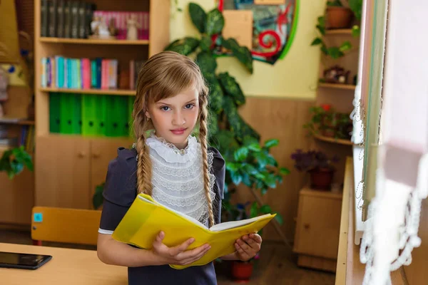 Menina em mesas da escola — Fotografia de Stock