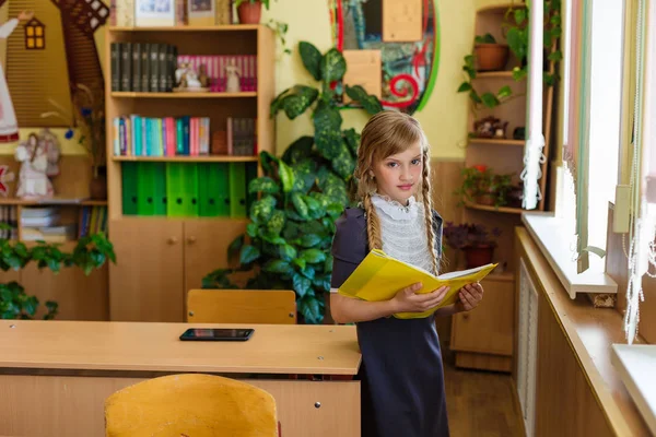 Menina em mesas da escola — Fotografia de Stock