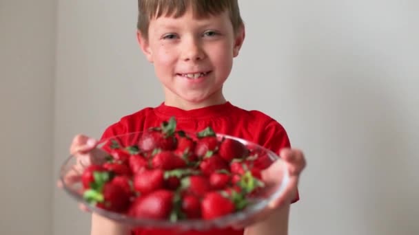 Kind mit einem Teller Erdbeeren zu Hause — Stockvideo