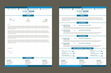 CV özgeçmiş, standart Web sayfası düz tasarımı ile kapak mektubu şablonu vektör mavi renk