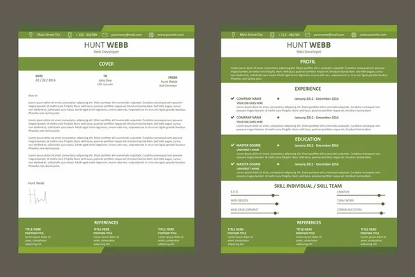 CV özgeçmiş, standart Web sayfası tasarımı ile kapak mektubu şablonu vektör yeşil renkli