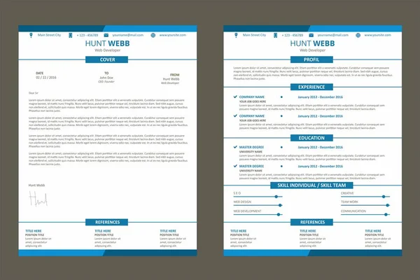 CV CV, curriculum vitae página web de diseño plano de color azul con la carta de cubierta vector plantilla — Vector de stock