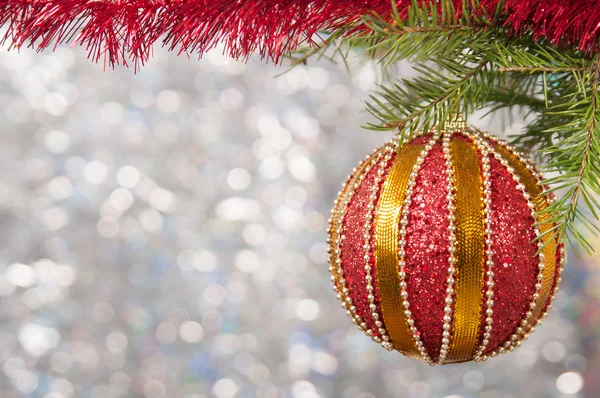 Boule de Noël rouge sur une branche d'arbre de Noël sur fond luisant flou, gros plan . — Photo