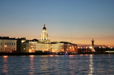 Karanlık gece şehir manzarası nehir Neva ile Saint Petersburg ve bina, Bilim Akademisi. Dalgalı Nehri üzerine düşünceler.