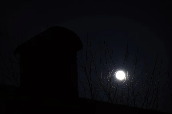 Toit avec cheminée, lune brillante à travers les branches des arbres — Photo