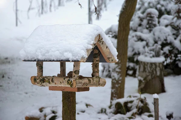 Alimentador Aves Invierno Cubierto Nieve Hecho Casa Ayudar Las Aves Imagen de archivo