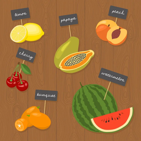 Wektor zestaw owoców 3 (cytryny, papaja, brzoskwinia, wiśnia, kumkwat, arbuz) — Wektor stockowy