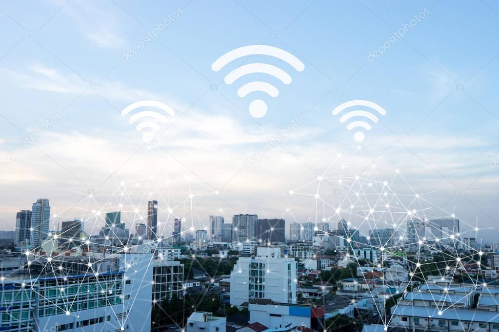 Cityscape connected line with wifi sign