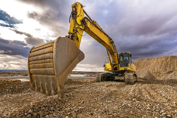 Escavadeira Nas Obras Construção Estradas Máquinas Necessárias Para Construção — Fotografia de Stock