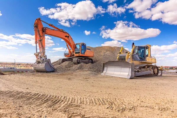Grupo Excavadoras Trabajando Una Obra Construcción — Foto de Stock