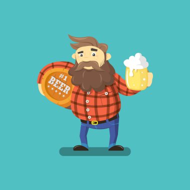 bir bira fıçısı ile kırmızı gömlekli bir adam karikatür çizimi