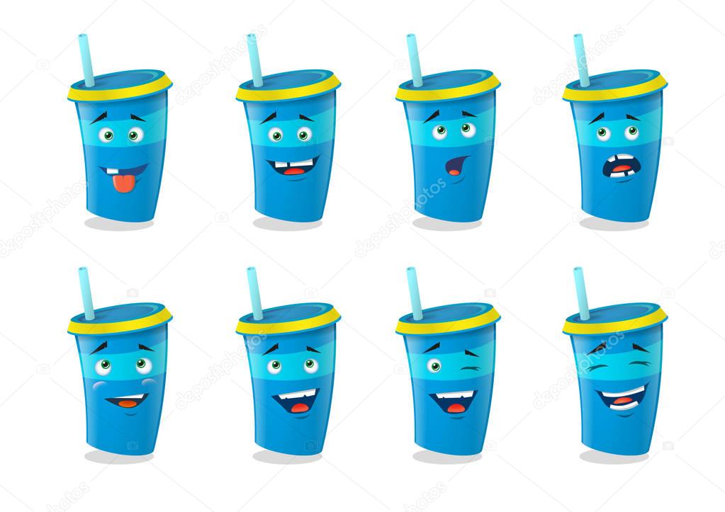  set of blue cartoon paper cups with different emotions