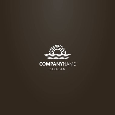 Siyah arka planda beyaz logo. Basit vektör çizgisi. Su dalgaları üzerinde güneşin logosu.