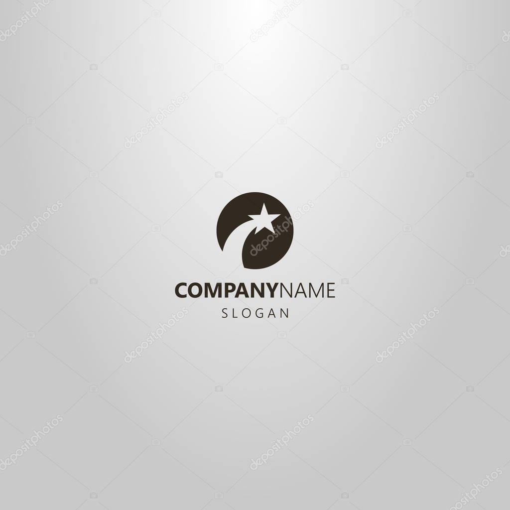 black and white simple vector negative space round logo of a flying star or comet