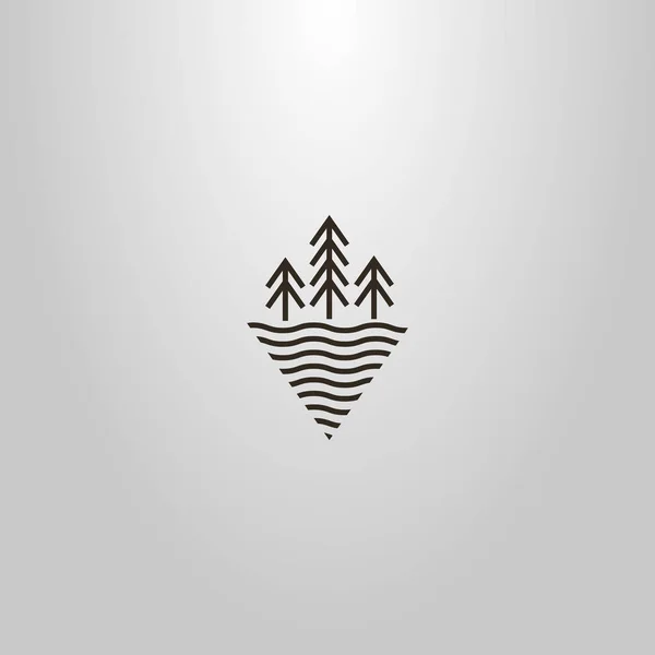 siyah ve beyaz basit vektör çizgisi sanat rhombos su dalgaları yakınında üç köknar ağacı işareti