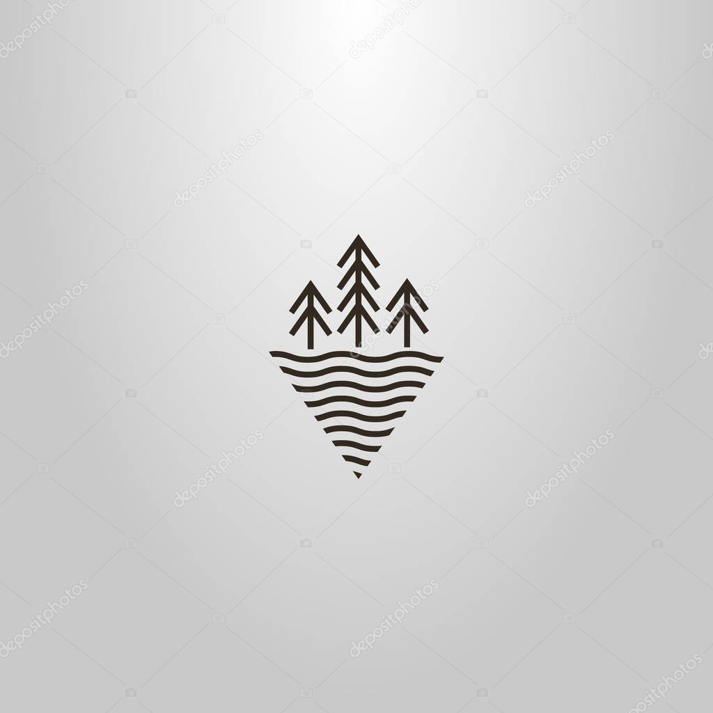 black and white simple vector line art rhombos sign of three fir trees near water waves