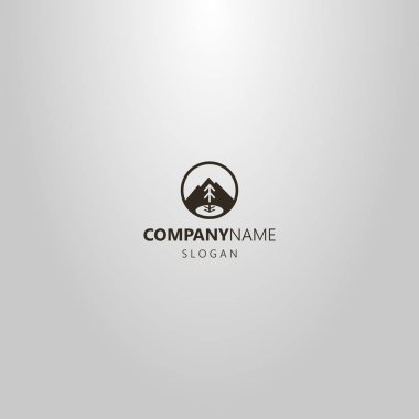 bir dağın siyah beyaz vektör logosu ve göl kenarındaki köknar ağacı yuvarlak bir çerçevede.