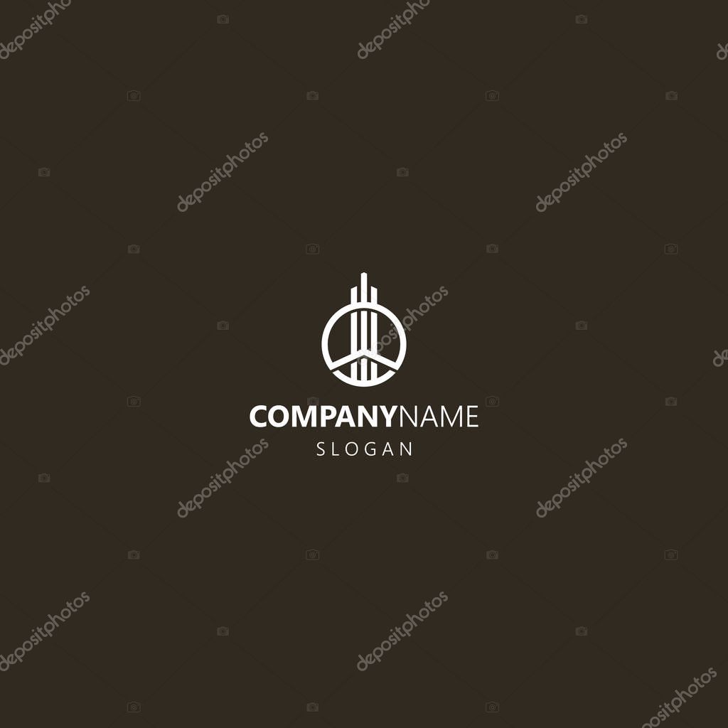 White logo on a black background. simple vector iconic logo of a linear design of a high-rise building in a round frame