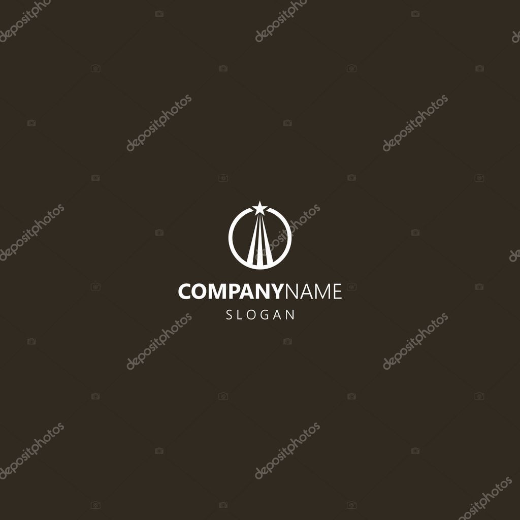 White logo on a black background. simple flat art vector iconic logo of a soaring up star in a round frame
