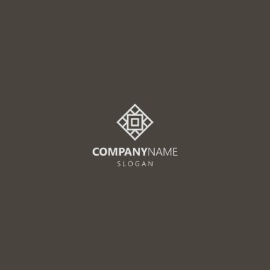 Siyah arka planda beyaz logo. Elmas şekilli dikdörtgen desenli basit geometrik vektör çizgisi sanat simgesi logosu
