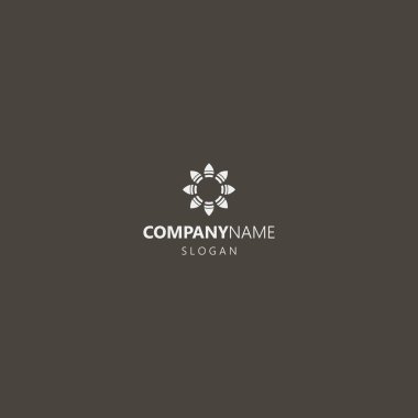 Siyah arka planda beyaz logo. Basit vektör ana hatları düz sanat simgesi soyut sekiz yapraklı çiçek logosu
