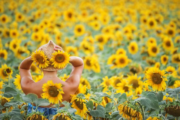 Bir kız sırtında ayçiçeği tarlası karşı ayakta