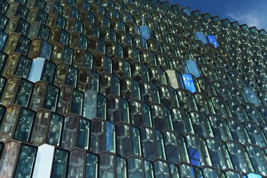 Parçaları ve satırları yinelenen bir cam bina,