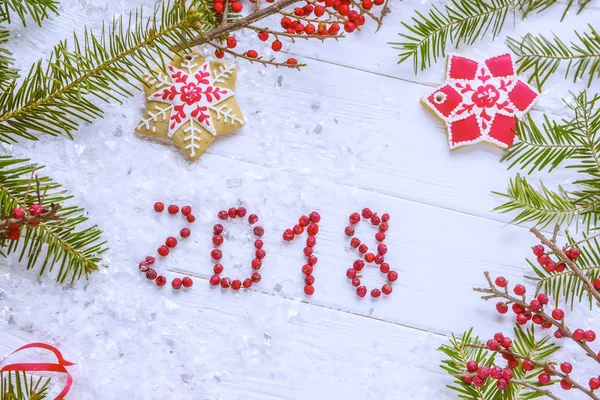 Bagas de inscrição "2018" entre os ramos de biscoitos de abeto e Natal . — Fotografia de Stock
