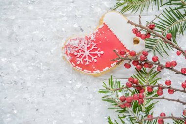 ev yapımı Noel kurabiye ve beyaz bir ağaç dalına yapay kar yaptı. Yeni yıl, yılbaşı arka plan, fikir, kartpostal, sıçrama.