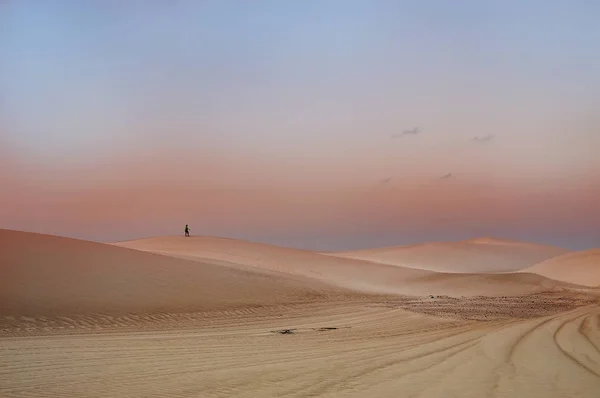 Woestijn Landschap Met Landschap Lijnen Zachte Avond Kleuren Iemands Figuur — Stockfoto