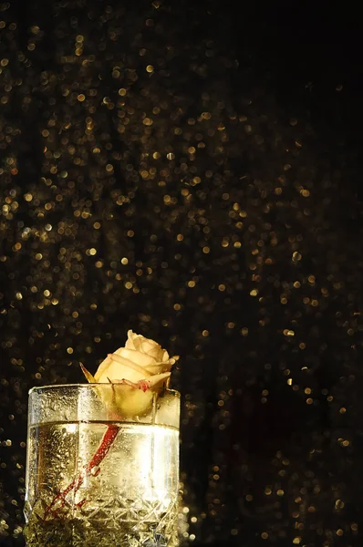 rose in a transparent glass and a black background and golden bokeh. Artistic photo of a rose flower.