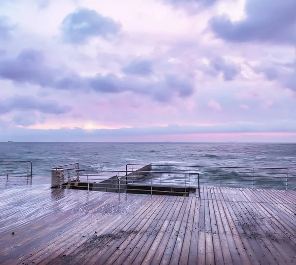 Very Early Morning Sea Wooden Desert Pier Black Sea Soft — Stock Photo, Image