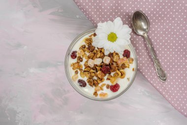 Ev yapımı yoğurt ve granola, müsli hassas gri pembe arka plan üzerinde. Yukarıdan görüntülemek.