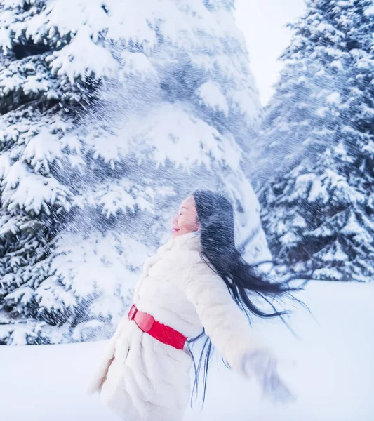 Dívka Zajímavé Orientální Vzhled Dlouhými Vlasy Zimě Mýtině Mezi Stromy — Stock fotografie