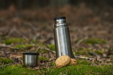 termos ve bisküvi ormandaki moss üzerinde.