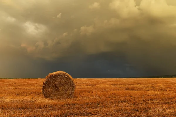 Campo Cosechado Una Pila Redonda Paja Cielo Tormentoso Extensión Los — Foto de Stock