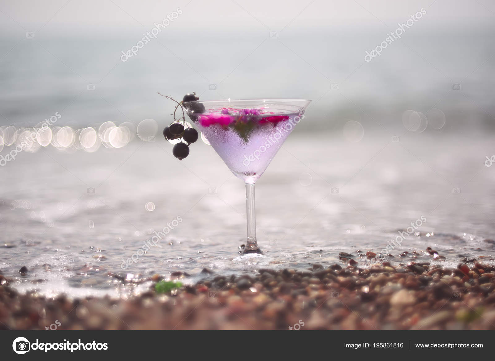 Refreshing Summer Drink Glass Beach Sparkling Drops Water Pebbles Surf Stock Photo C Annavalerievna1 195861816