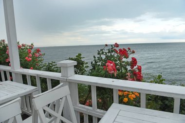  Yağmurdan sonra deniz kenarında akşam. Uçurumdaki güller, ıslak masalar ve sandalyeler. Karadeniz. Odessa, Ukrayna.