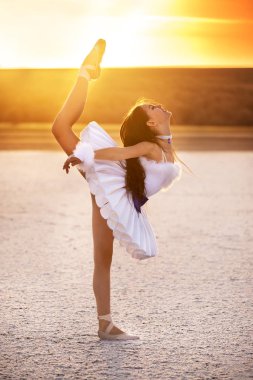 Kar beyazı etekli elbisesi ve tuzlu bir gölde beyaz noktalı ayakkabıları olan genç bir balerin. Muhteşem bir manzara ve bir kız balerin.