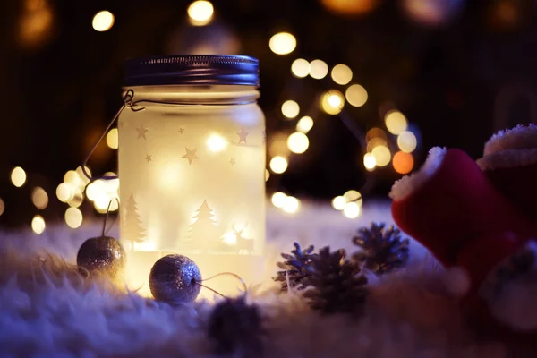 Glowing Lantern Lamp Lights Background Christmas New Year Tree Magical — Stock Photo, Image